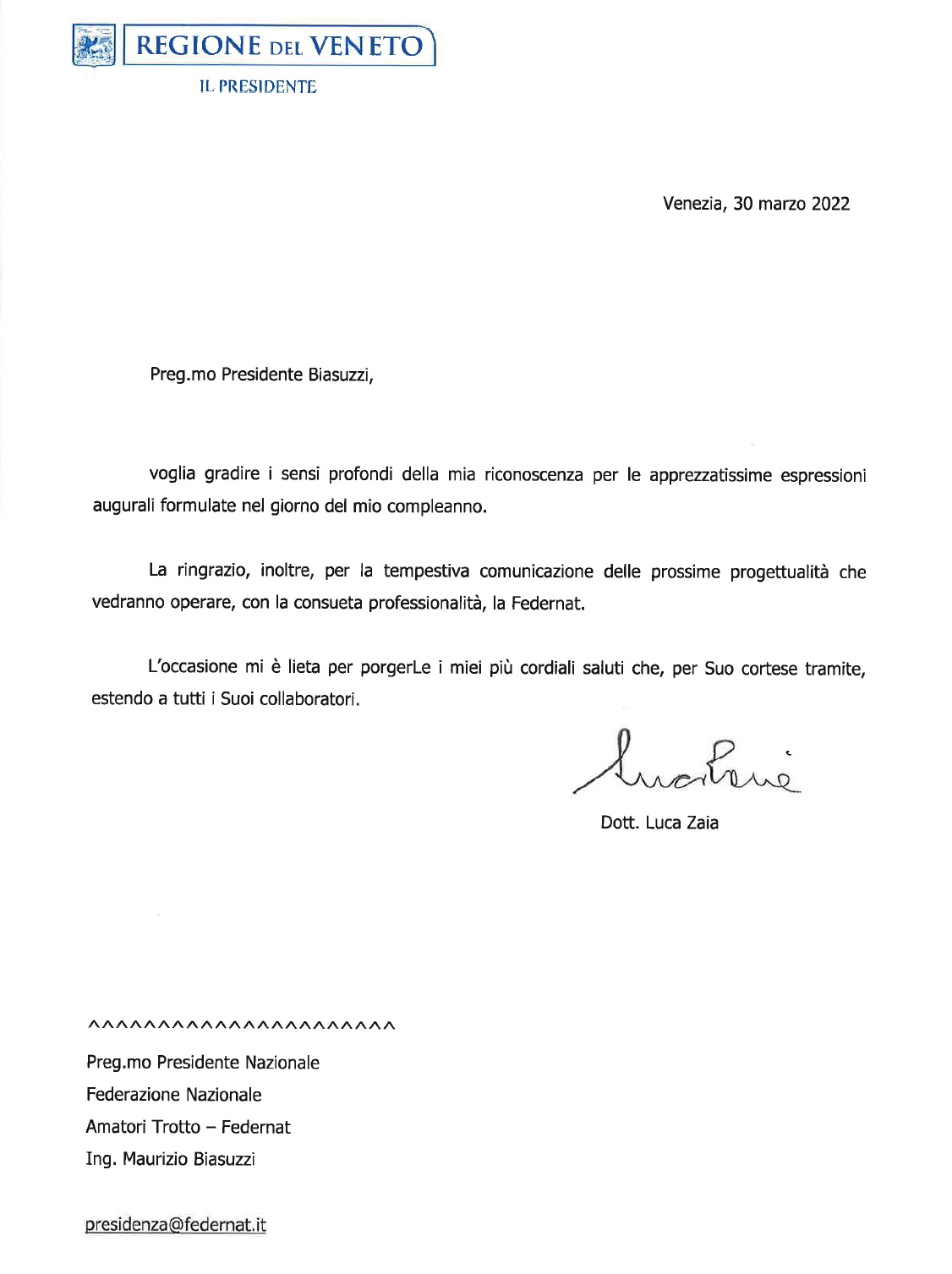 Lettera Governatore Luca Zaia